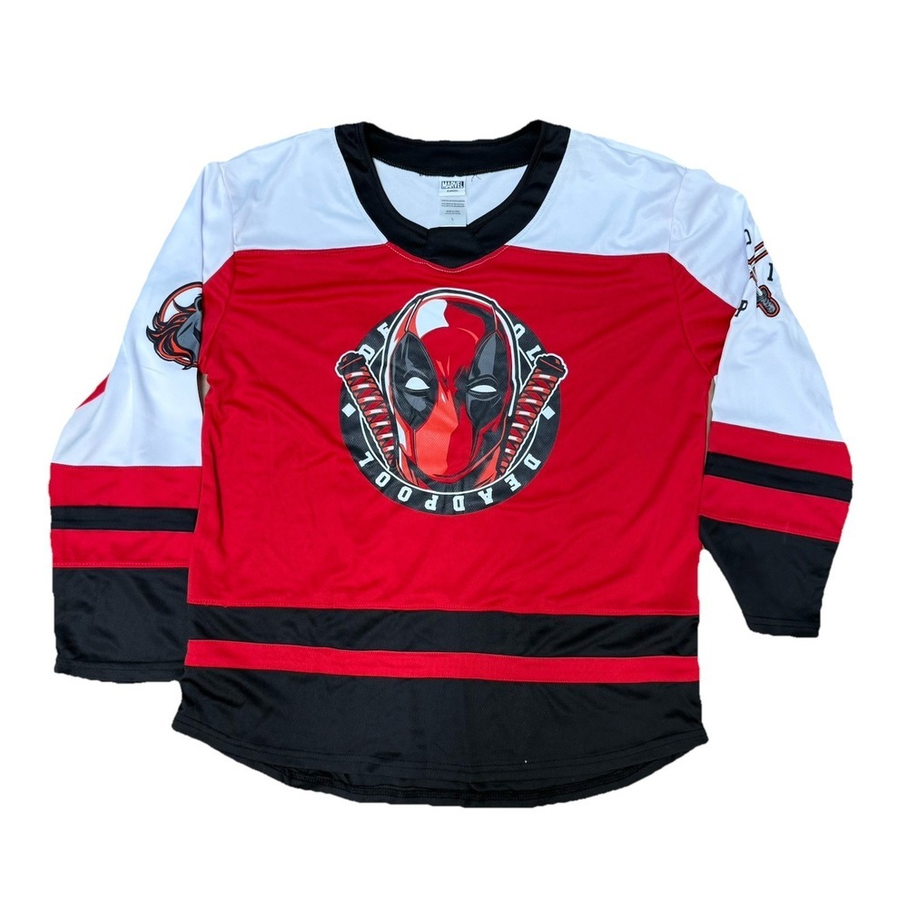NWOT Deadpool Hockey Jersey Mens L  White Red Stitched Embroidered Name Marvel